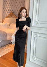 Square Collar Mesh Detail Mermaid Dress